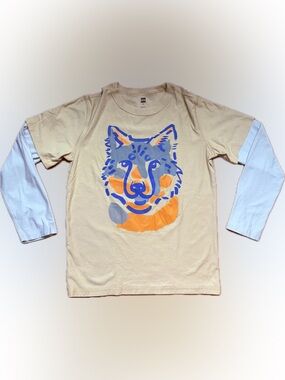 Tea Collection Yellow Cream Long-Sleeve Tee with Blue & Orange Wolf Graphic NWOT